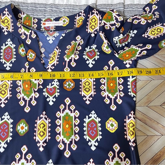 Jude Connally Navy Blue Boat Neck Shift Dress V-Neck Retro Print 70's Stretch - Picture 7 of 9